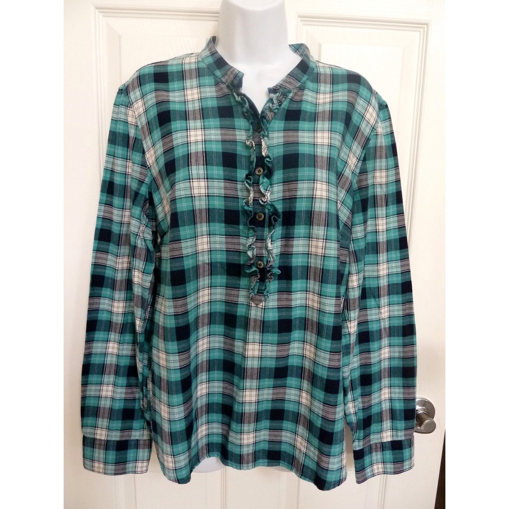*TALBOTS Sz 14, Large Plaid 1/2 Button Pullover Roll-Tab Sleeve Blouse Country*